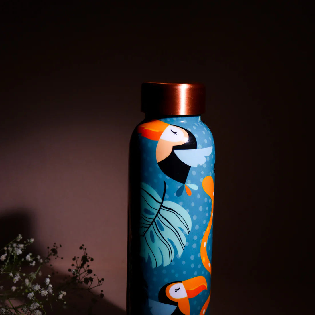 Azure Leaf & Bird Print Pure Copper Water Bottle