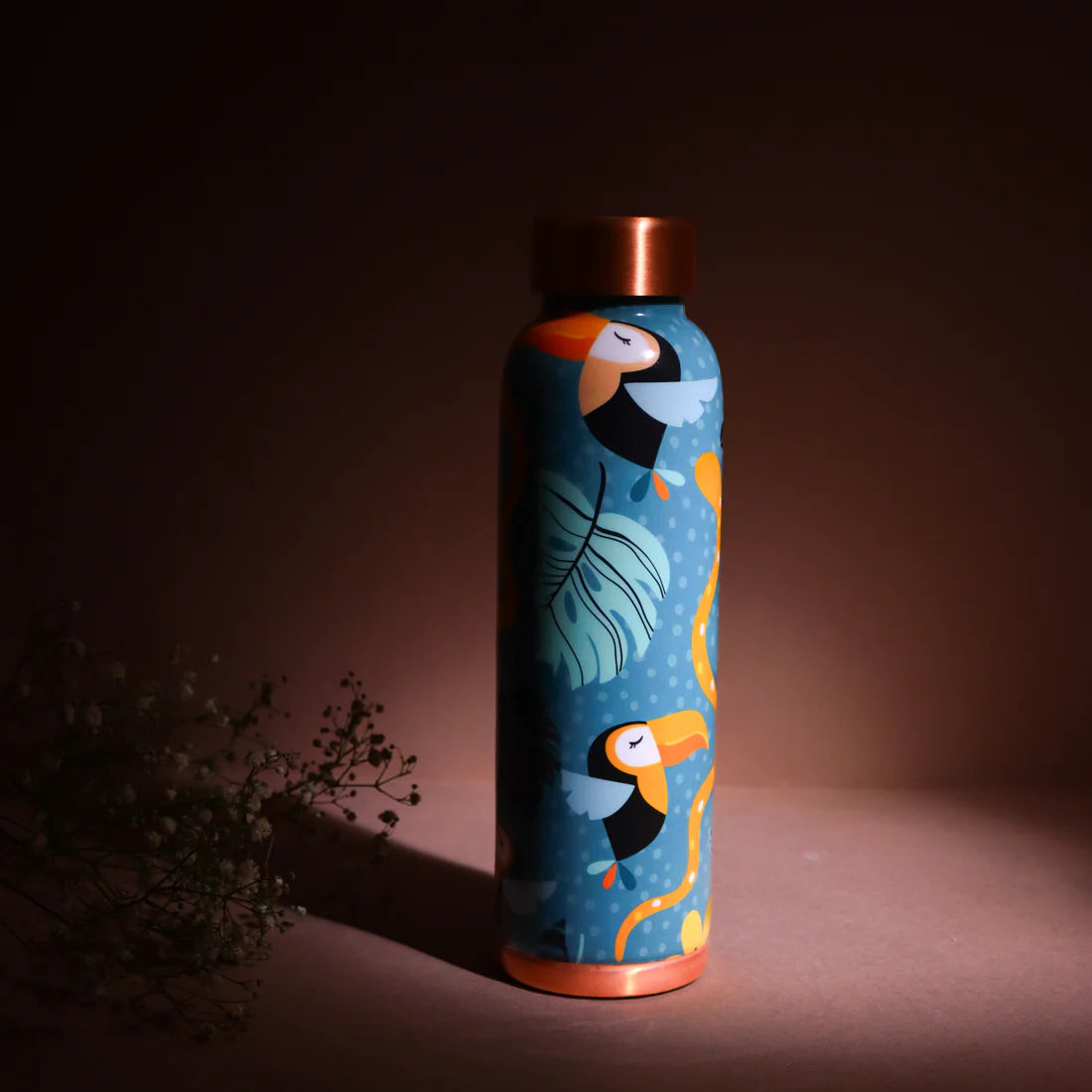 Azure Leaf & Bird Print Pure Copper Water Bottle