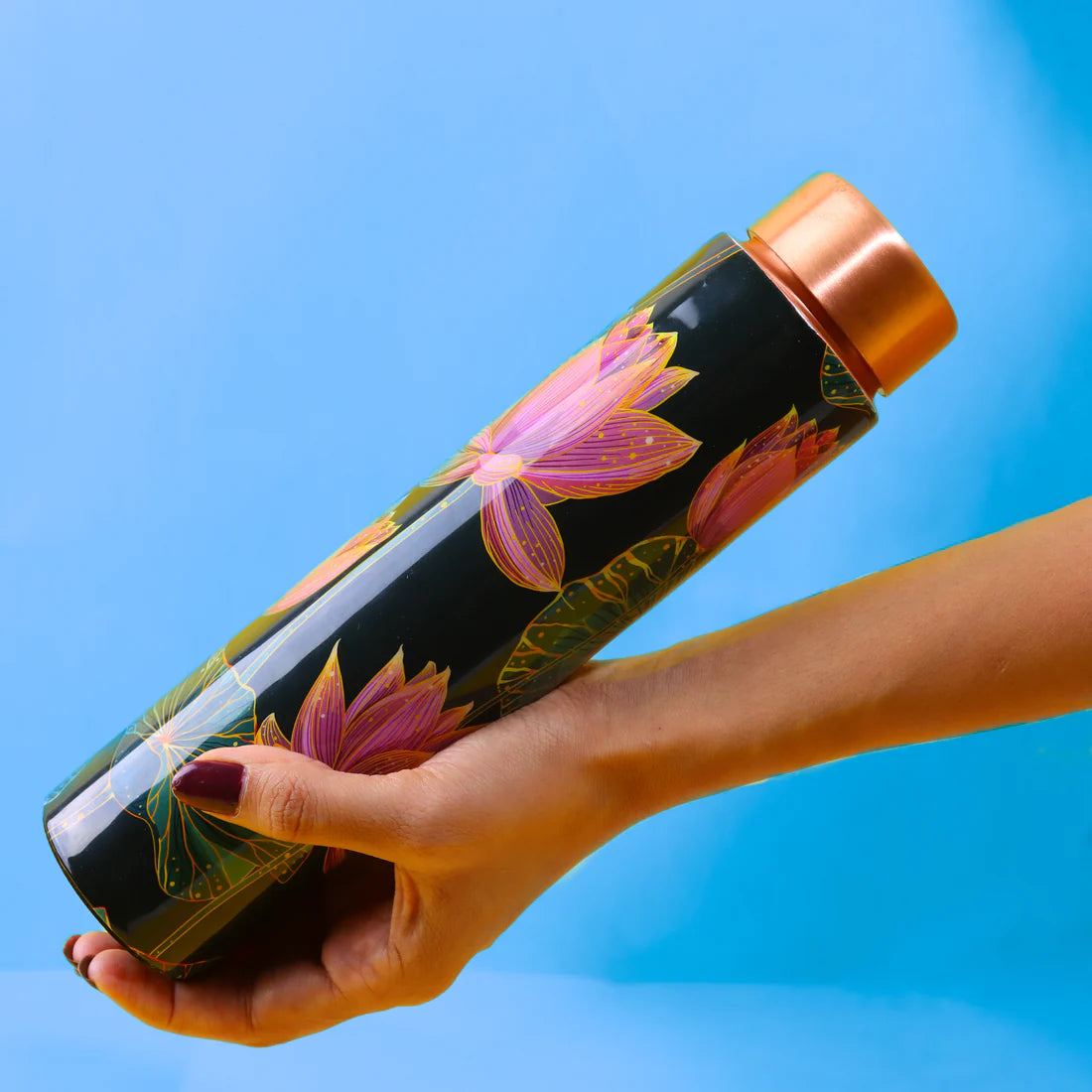 Midnight Lotus Print Pure Copper Water Bottle