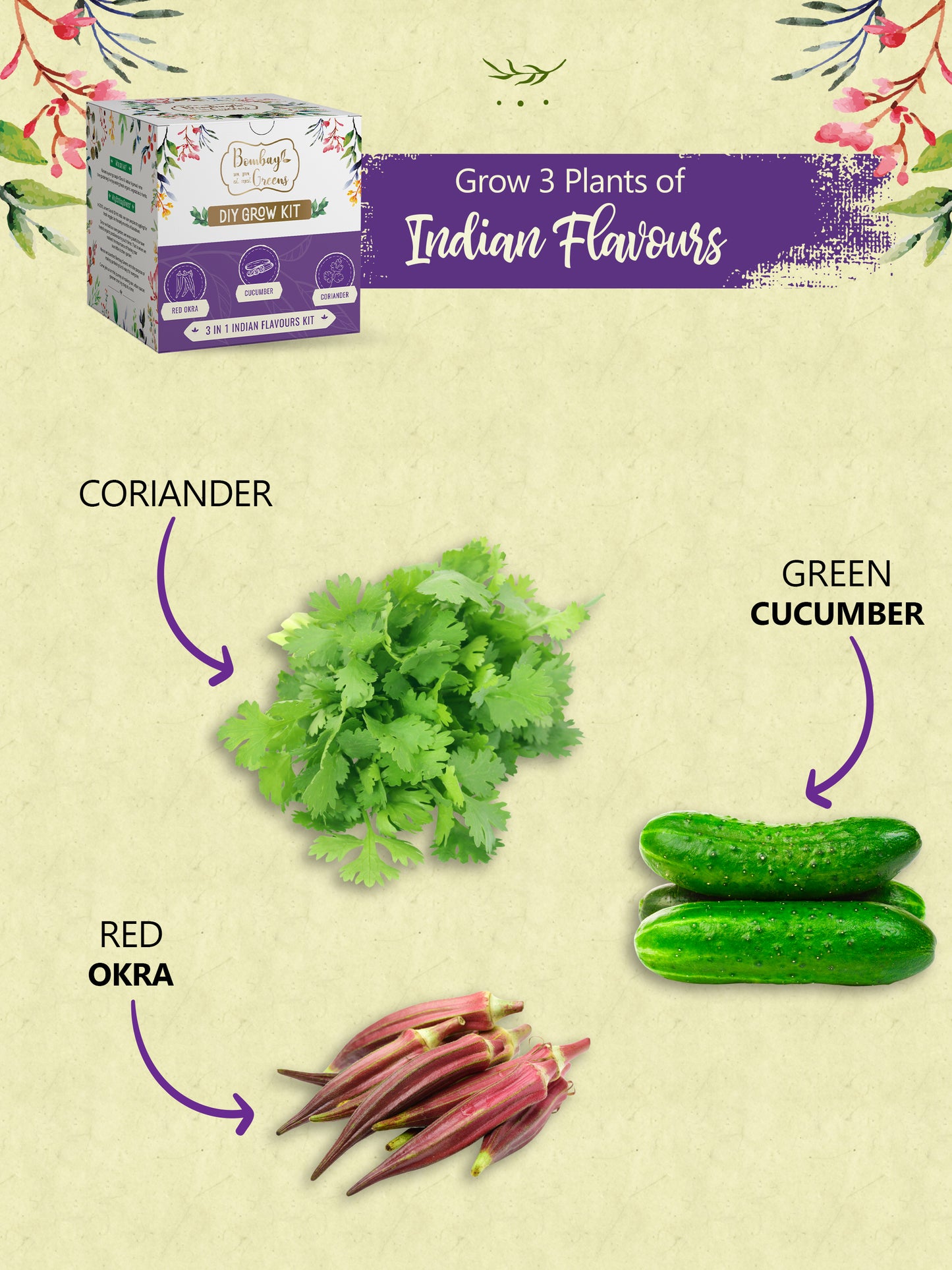 Flavours of India Kit - Red Okra, Cucumber, Coriander