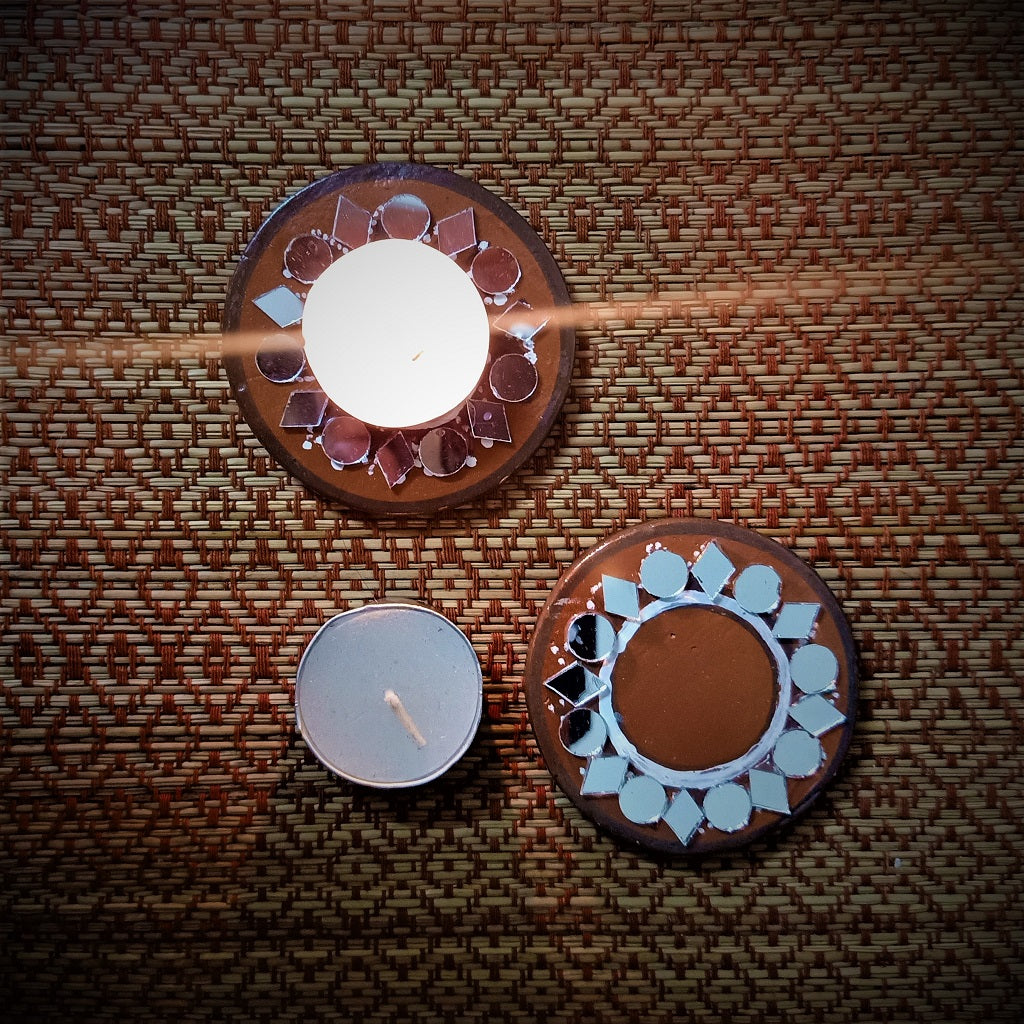 Kutch Pottery Mirror Work Tealight Holder Round (Set of 2)