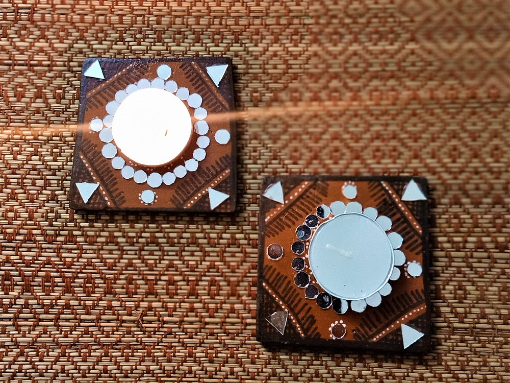 Kutch Pottery Mirror Work Tealight Holder Square Small (Set of 2)