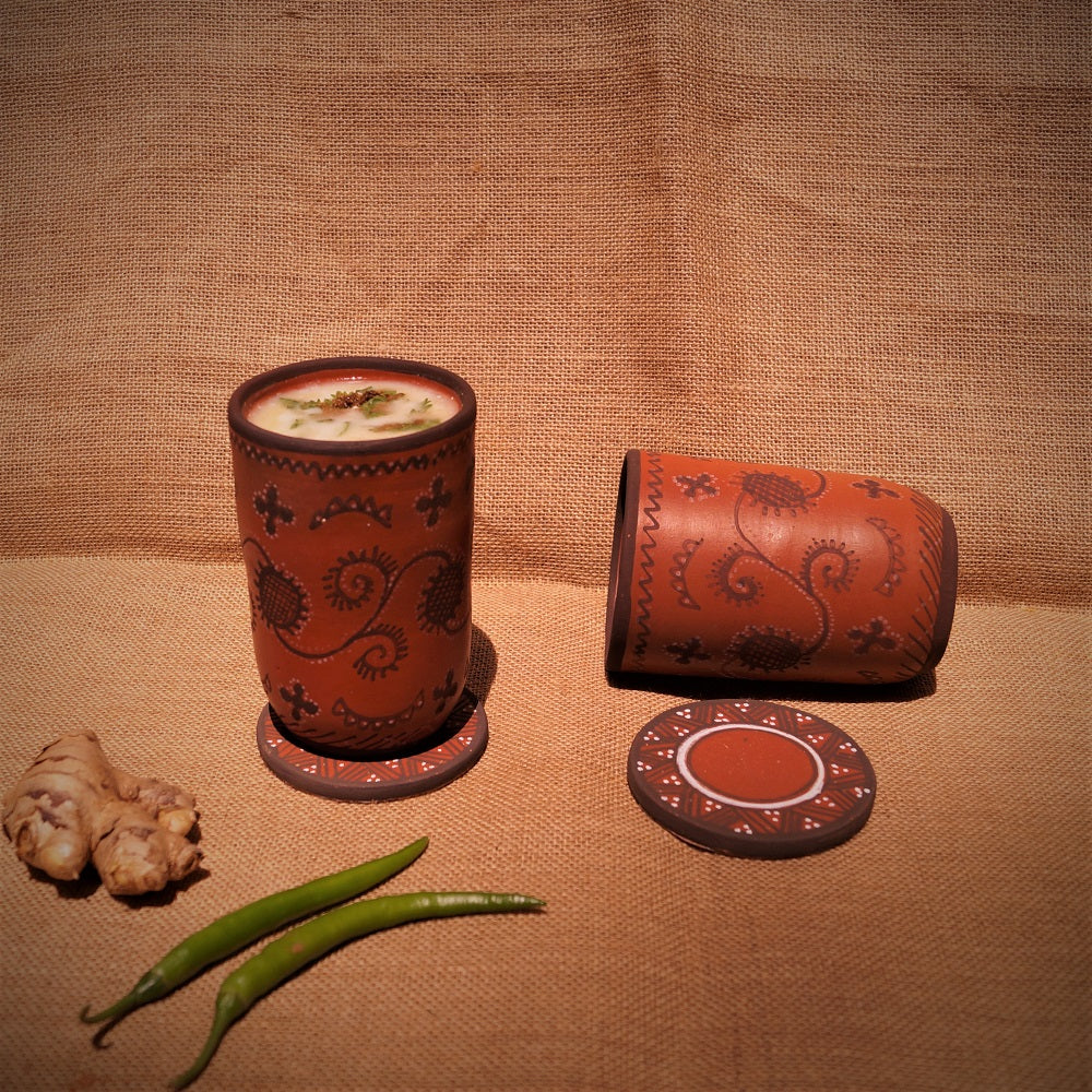 Kutch Painted Pottery Tumblers and Coaster (Set of 2 Each)