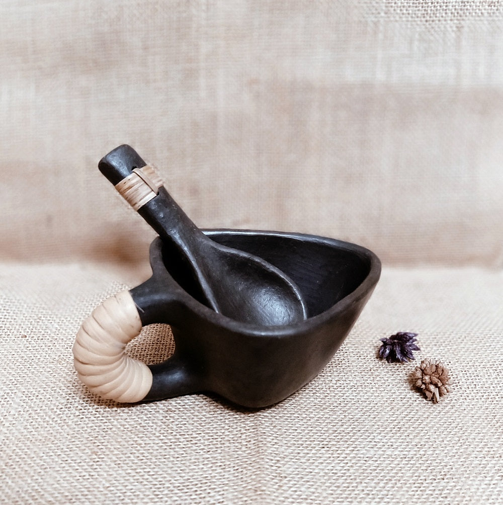 Longpi Black Pottery Soup Bowl With Spoon