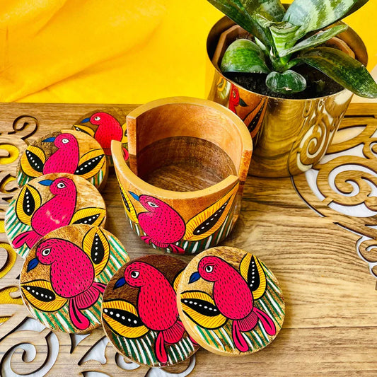 Pihu Round Wooden Coaster with Holder | Set of 6