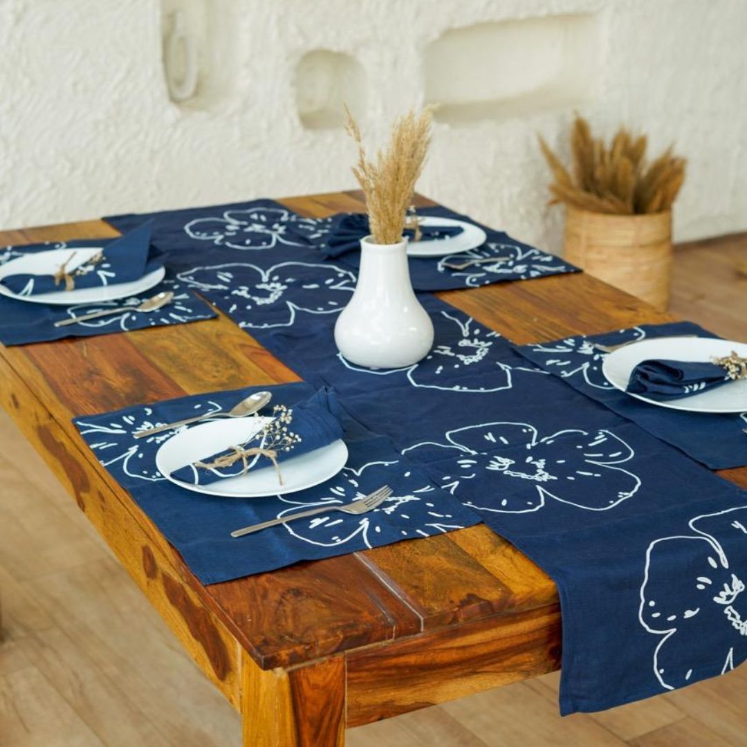 Prasoon Table Linen Set | Pure Hemp | Table Runner, Napkins and Placemats | Hand Printed in Small Batches