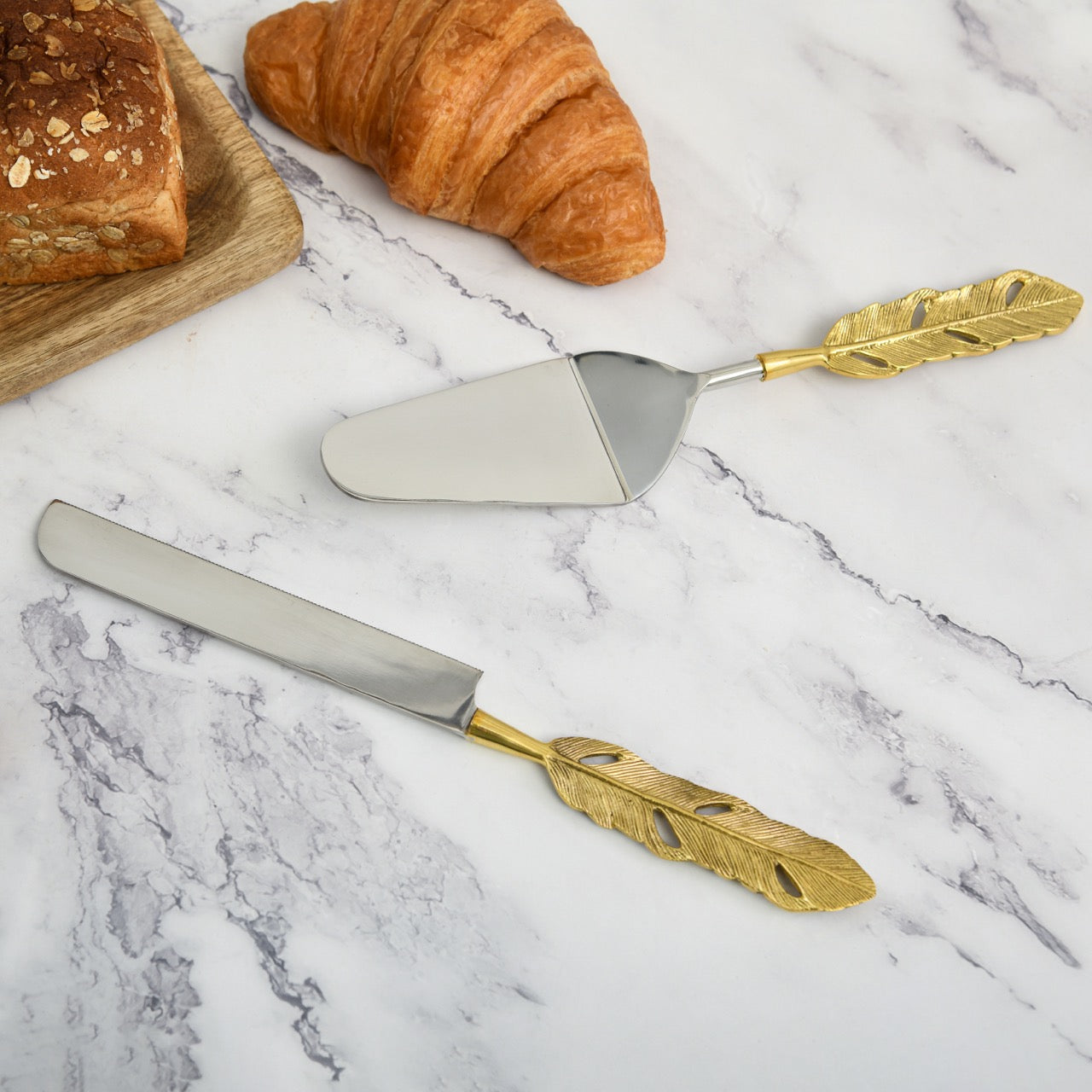 Brass Cake and Knife Server Set  | Punkh - Feather Handle