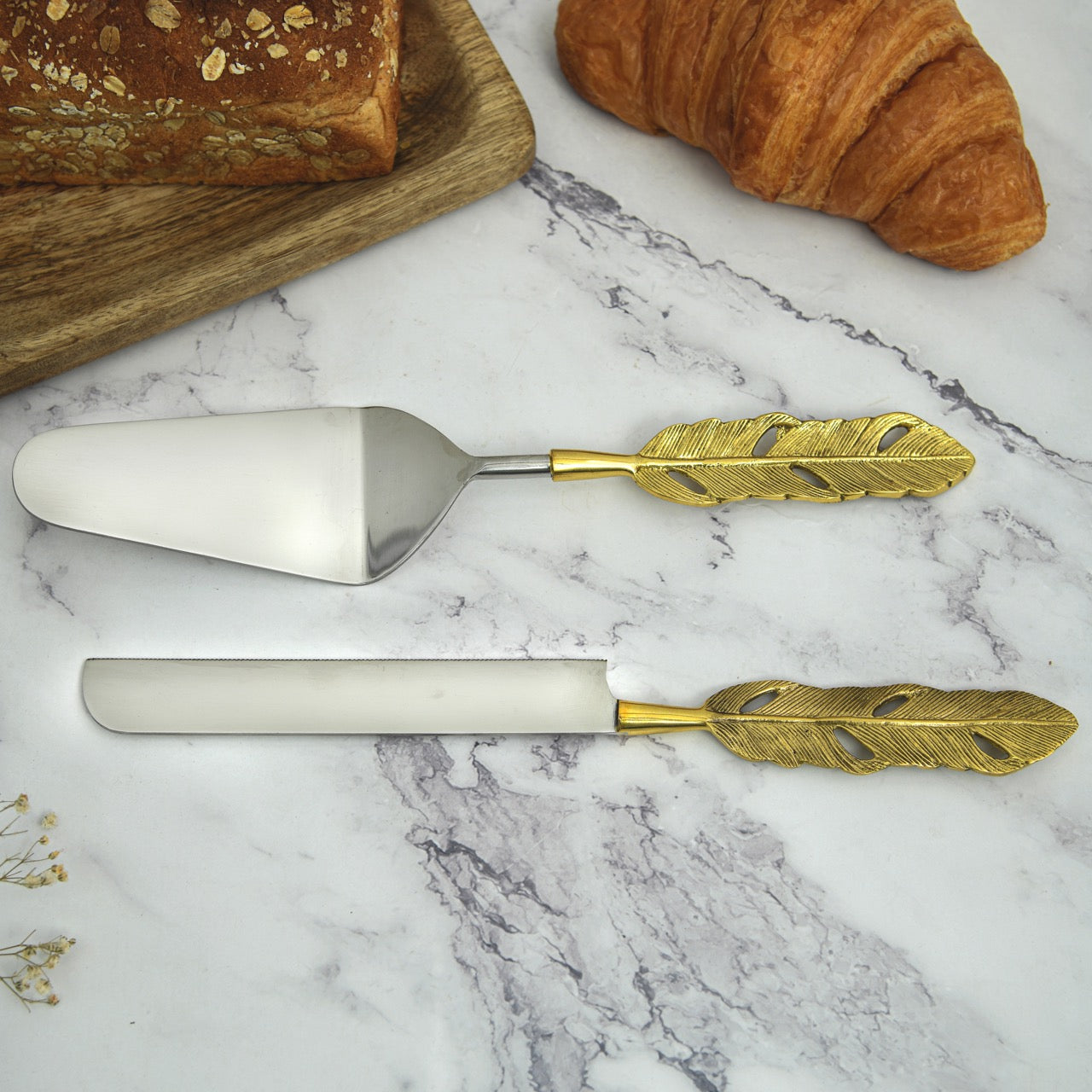 Brass Cake and Knife Server Set  | Punkh - Feather Handle