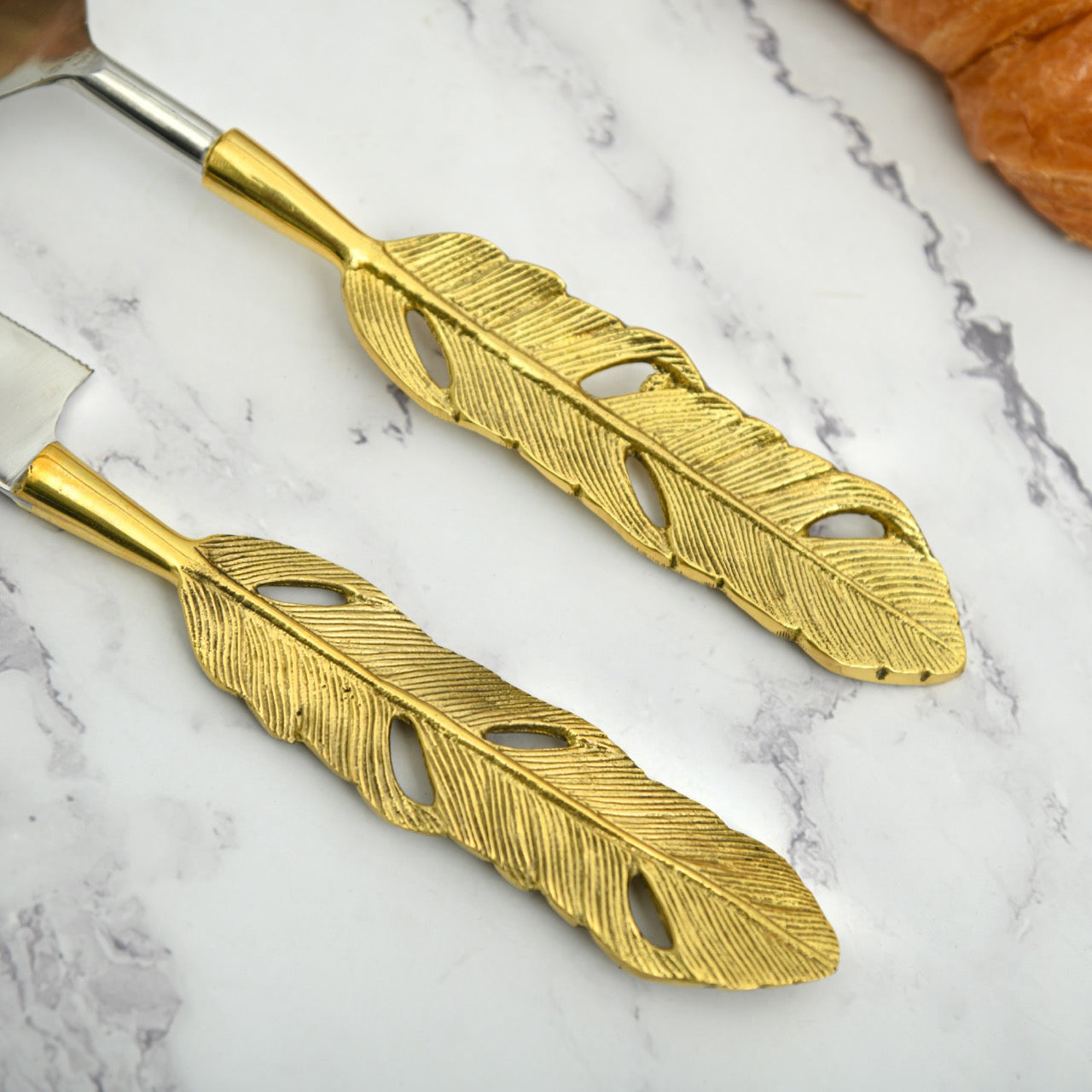 Brass Cake and Knife Server Set  | Punkh - Feather Handle