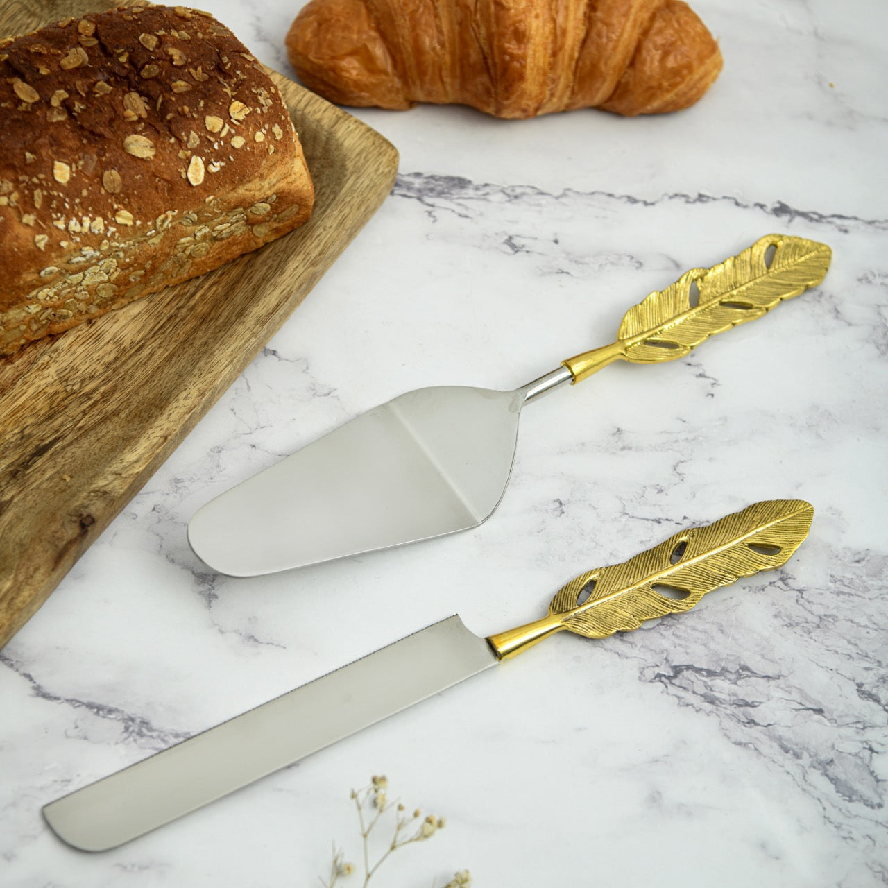 Brass Cake and Knife Server Set  | Punkh - Feather Handle