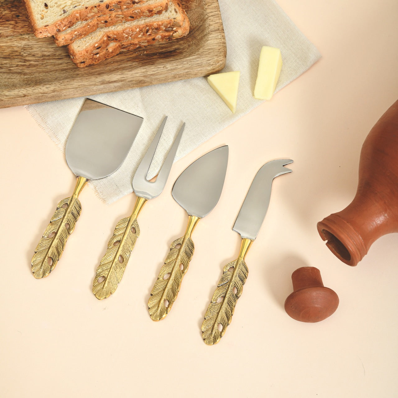 Brass 4 - piece Cheese Knife Set | Punkh - Feather Handle