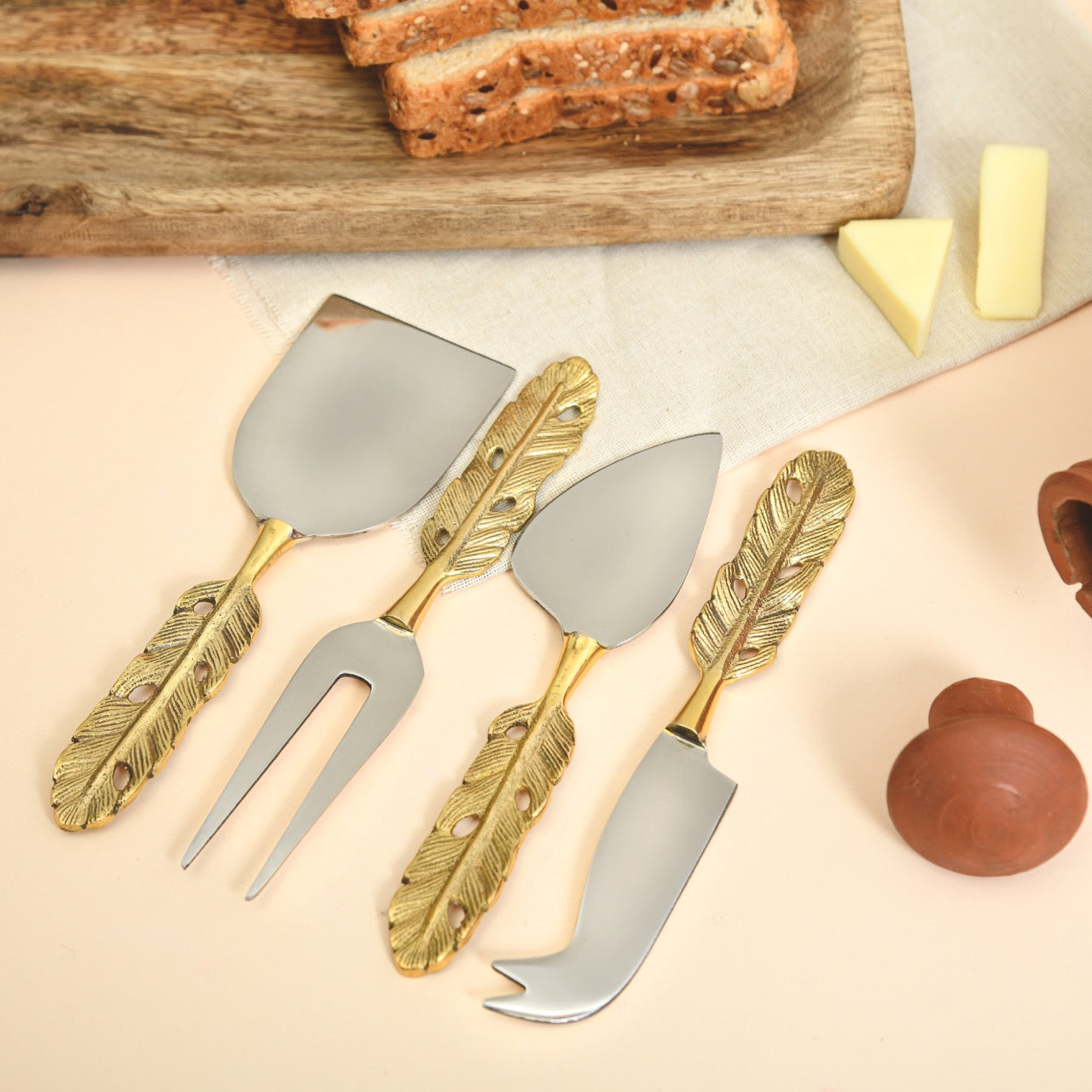 Brass 4 - piece Cheese Knife Set | Punkh - Feather Handle