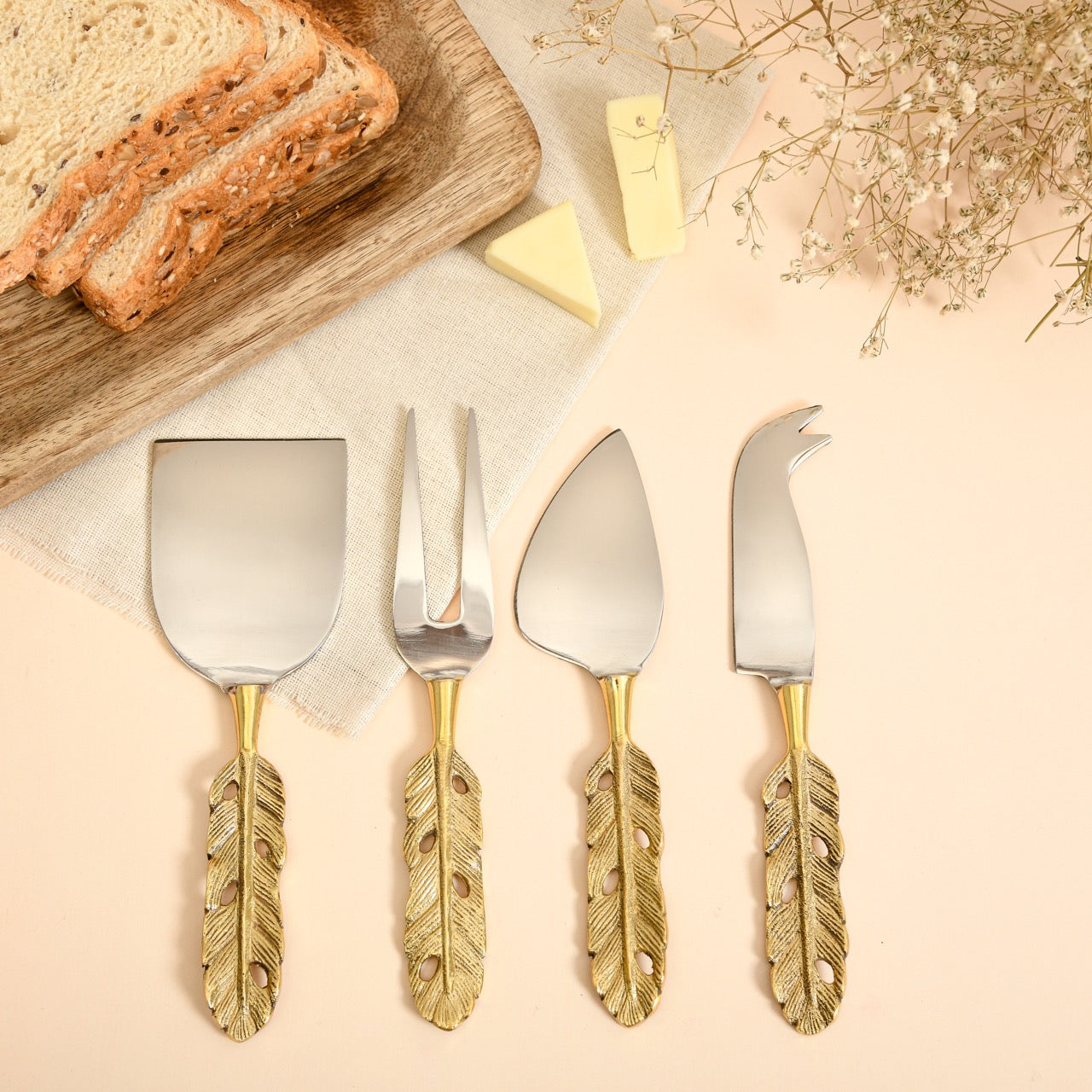 Brass 4 - piece Cheese Knife Set | Punkh - Feather Handle