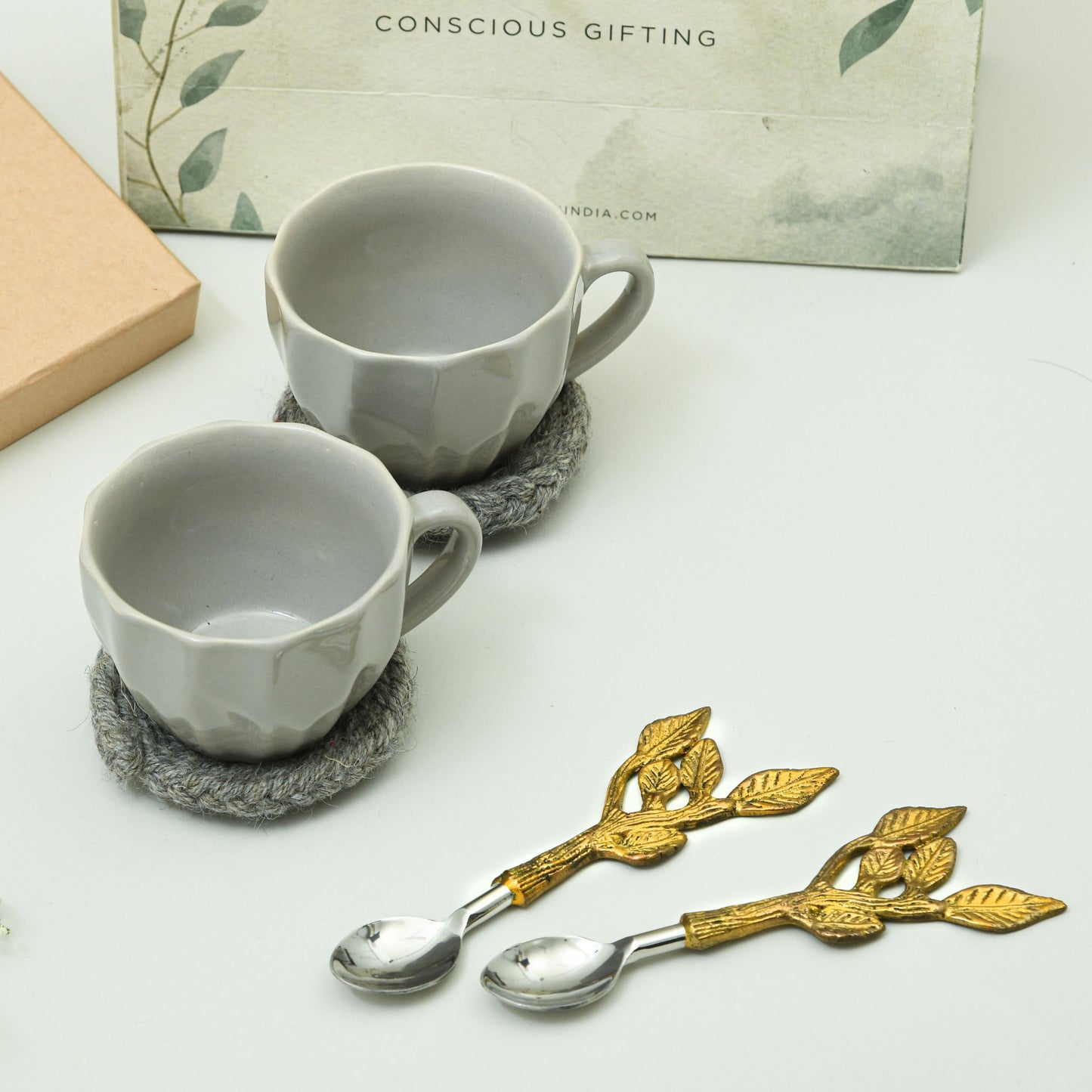 Tea for Two | Cups, coasters and brass spoons | Eco-friendly Gift Hamper