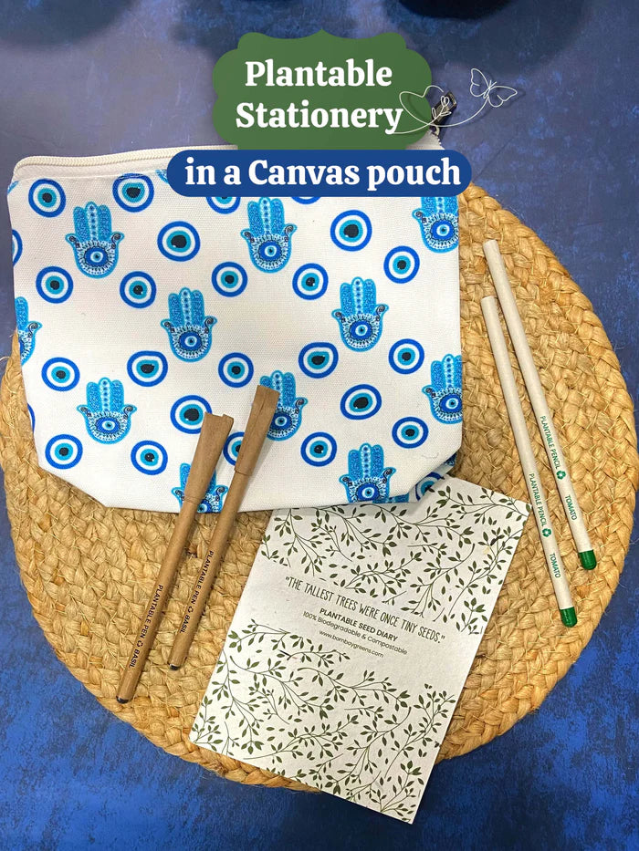 Plantable Stationery - Seed Diary, Seed Pens & Pencils in Zipper Pouch (Evil Eye Print)