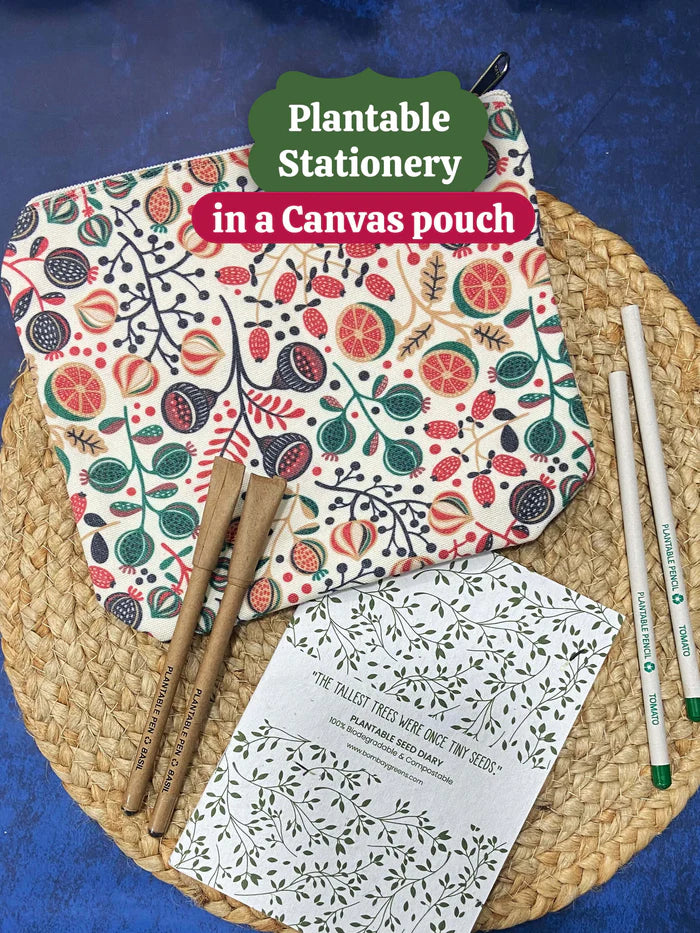 Plantable Stationery - Seed Diary, Seed Pens & Pencils in Zipper Pouch (Floral Print)