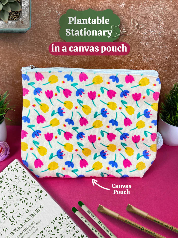 Plantable Stationery - Seed Diary, Seed Pens & Pencils in Zipper Pouch (Flowers Print)