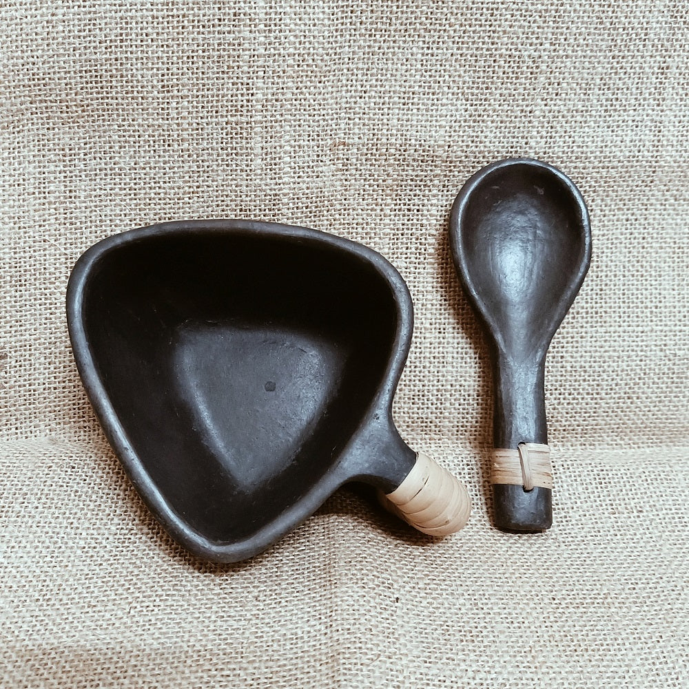 Longpi Black Pottery Soup Bowl With Spoon