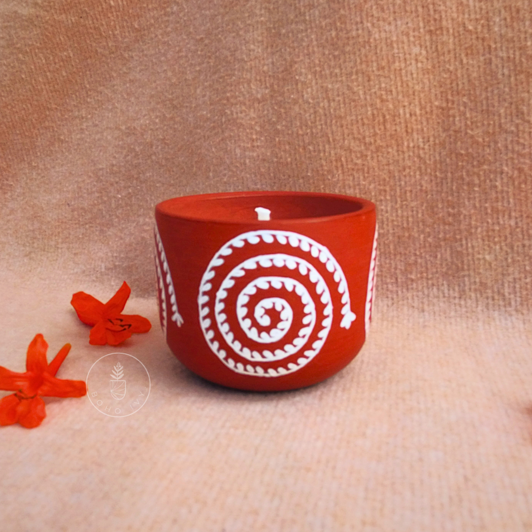 Hand Painted Terracotta Soy Wax Candle- Spiral