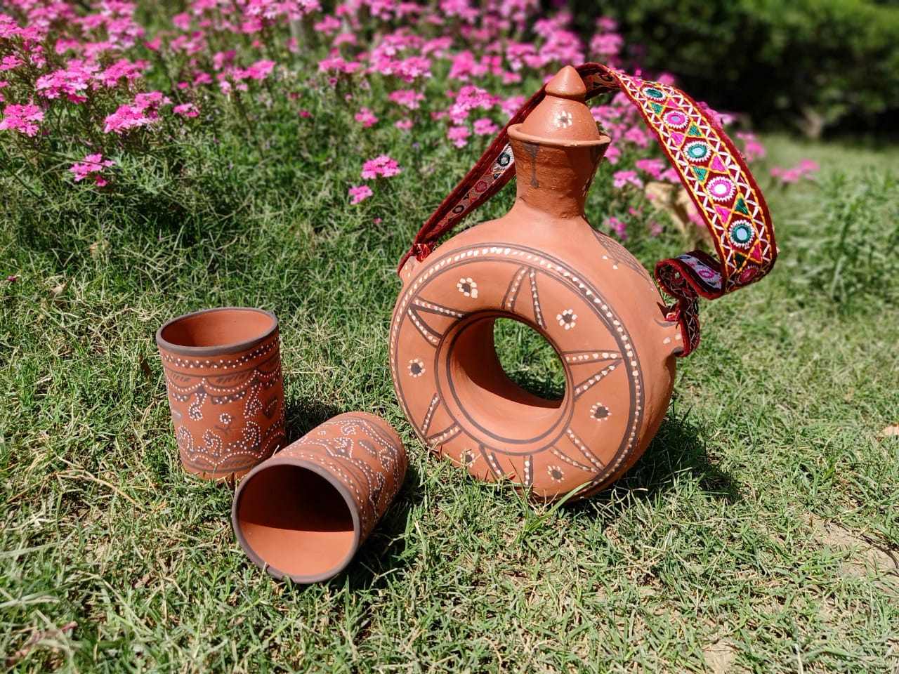 Kutch Painted Pottery Donut Bottle with Strap