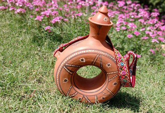 Kutch Painted Pottery Donut Bottle with Strap