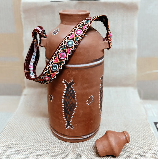 Kutch Painted Pottery Water Bottle with Strap