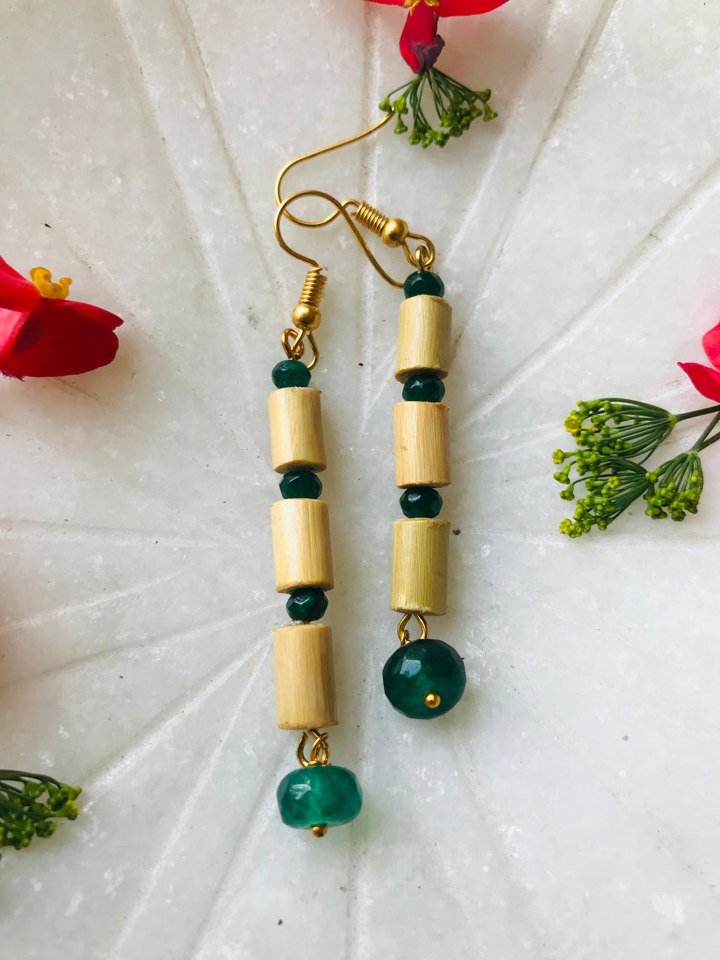 Handcrafted Bamboo Three Bead Earrings (Green)