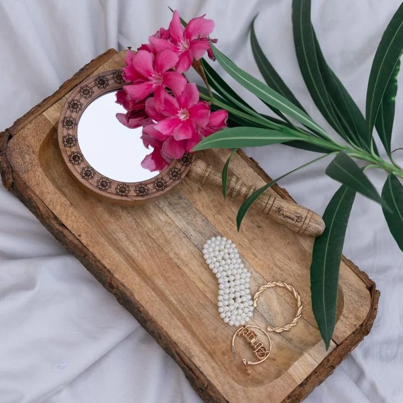 Wooden Engraved Home Decorative Handheld Mirror