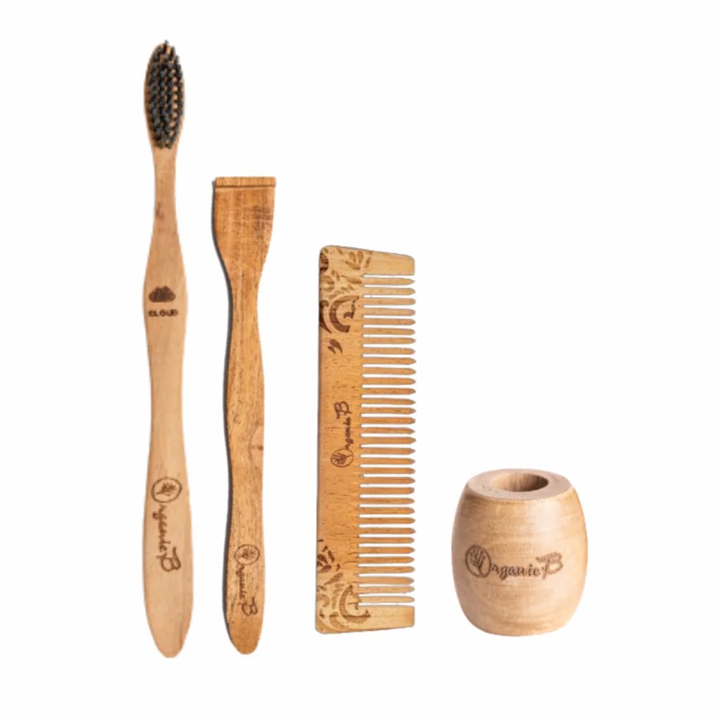 Neem Morning Kit |Toothbrush, Tongue Cleaner, Pocket Comb, Toothbrush Holder – Beige