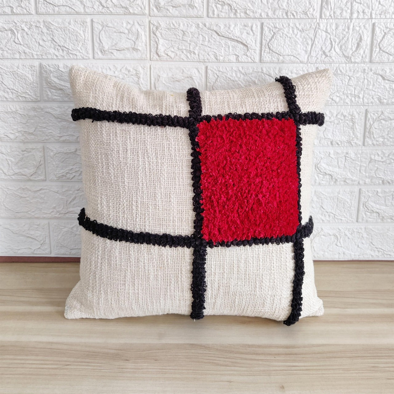 Ivory and Red Tufted Cotton Cushion Cover